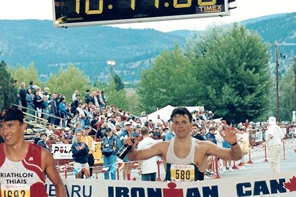 David Glover finishing Ironman Canada in 1997